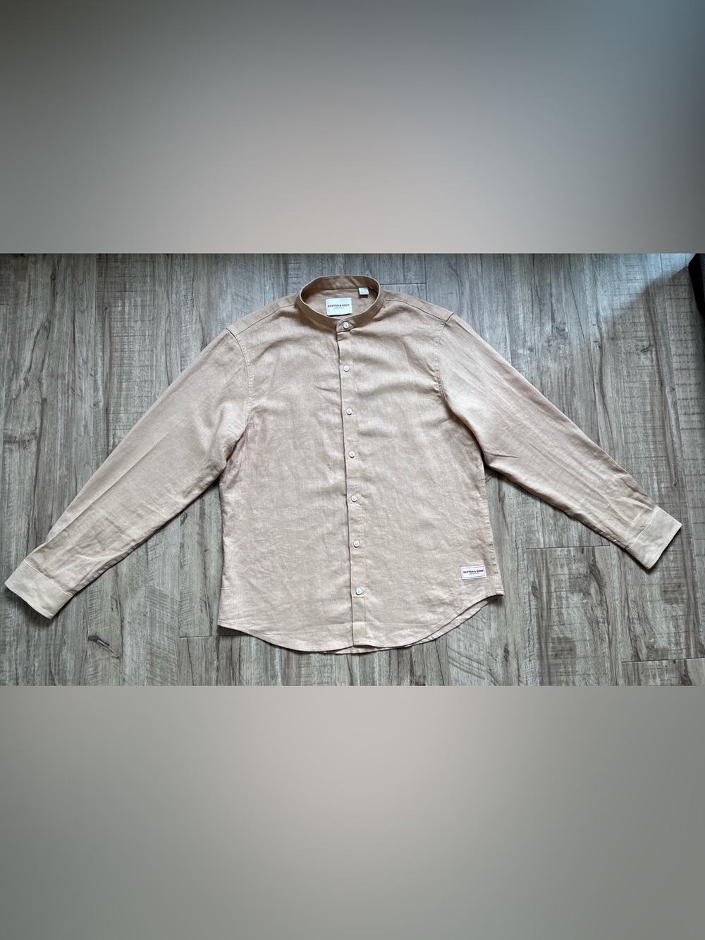Linen blend tan neutral summer breathable natural Men's Mandarin Collar Shirt